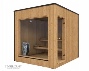 Wave lauko sauna su Harvia Spirit 9 kW Wi Fi krosnele termo mediena