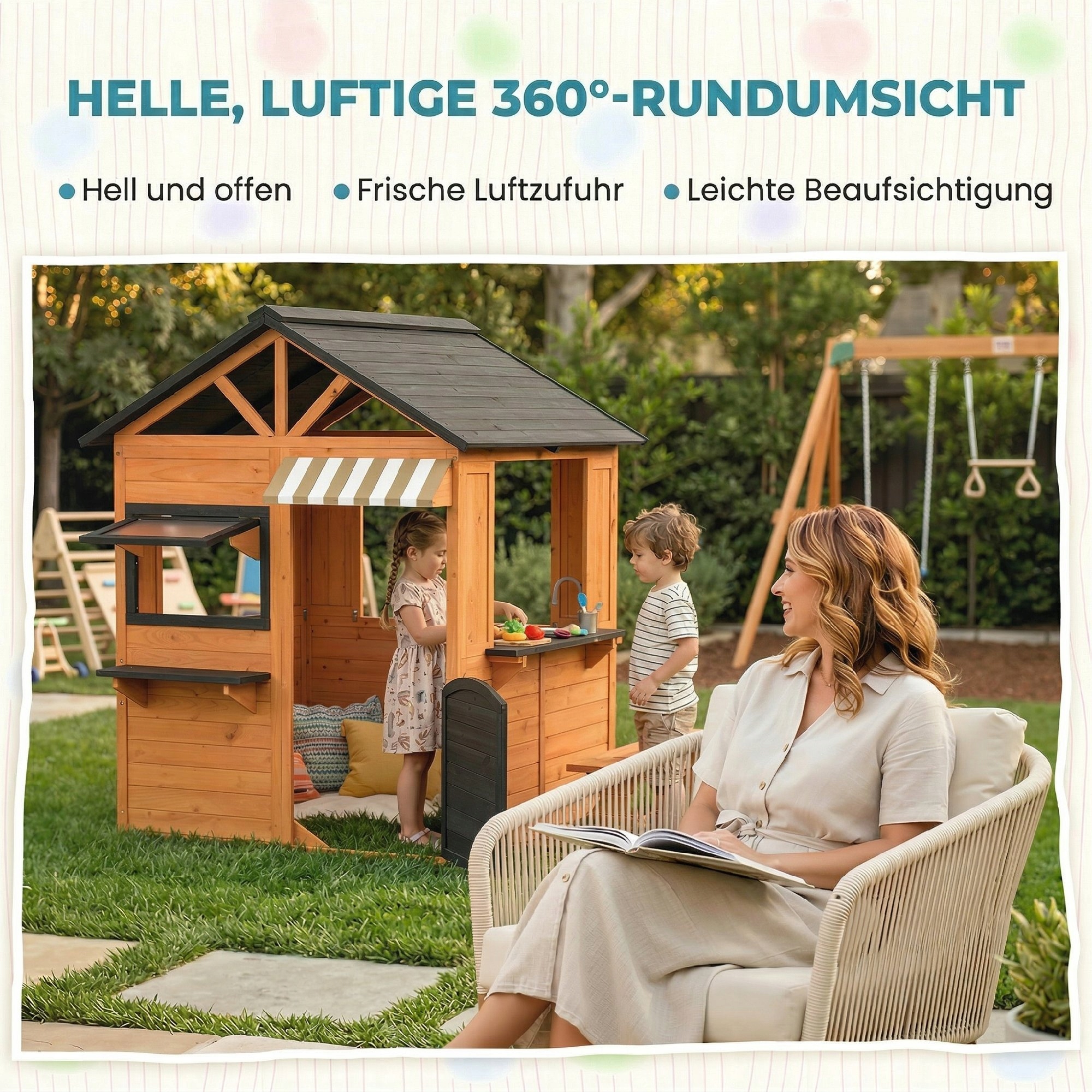 AIYAPLAYDrewnianydomekdladziecizkuchniailawkabrazowyrestauracjaEANGTIN4255923155450 belsilt Vaikų lauko žaidimų aikštelė AIYAPLAY rudas 1185 cm