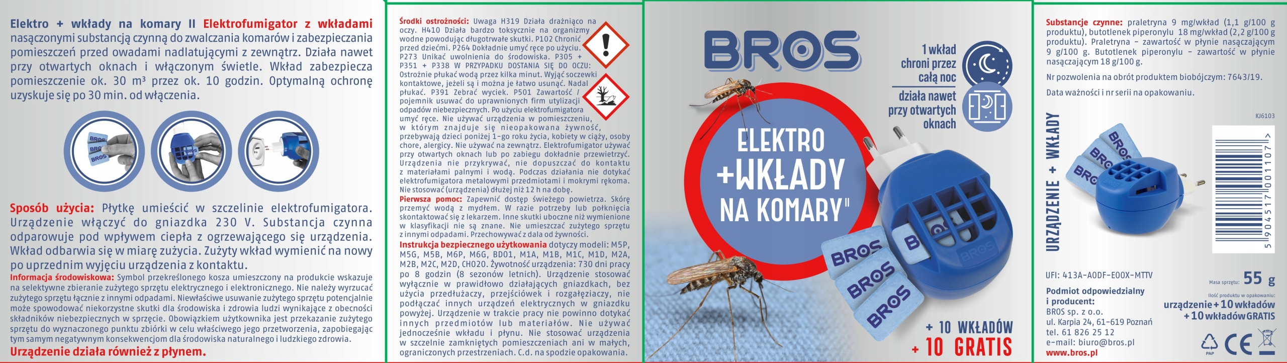 BROSElektrofumigatorowadobojczynakomarypluswkladyStanopakowaniaoryginalne belsilt BROS elektrofumigatorius nuo uodų su keičiamais įdėklais miegamajam