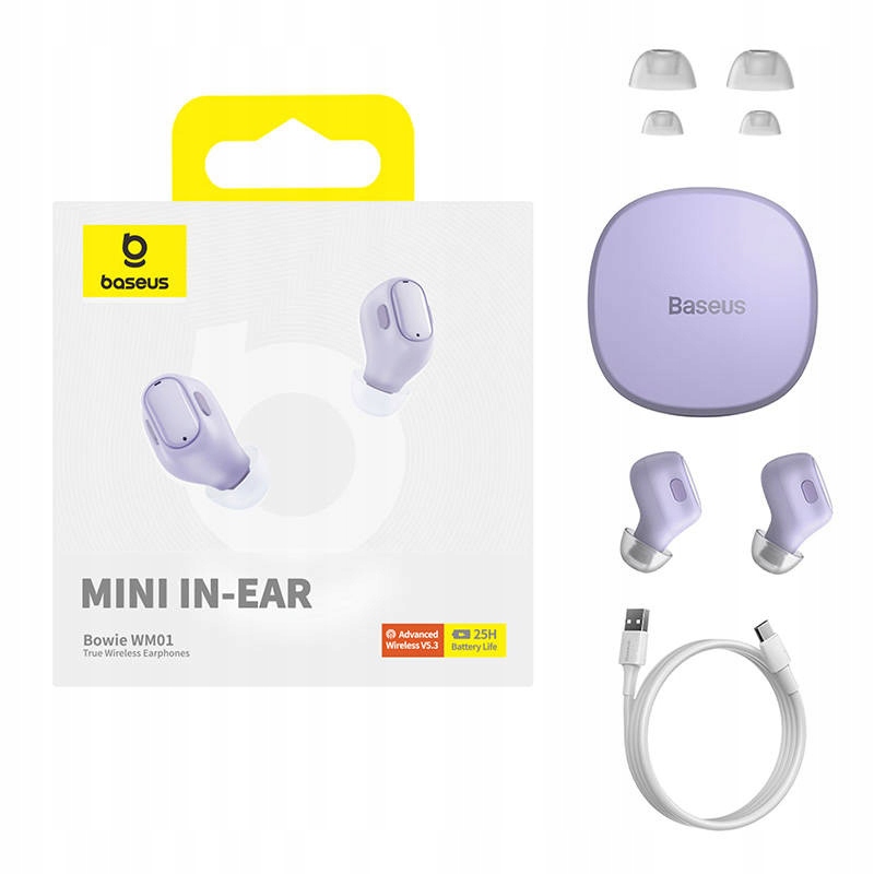 BaseusSluchawkiBezprzewodoweDokanaloweTWSBowieBluetooth53FioletoweRodzajsluchawekdokanalowe belsilt Baseus belaidės į ausis dedamos ausinės TWS Bowie Bluetooth 53 violetinės