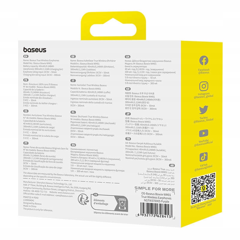 BaseusSluchawkiBezprzewodoweDokanaloweTWSBowieBluetooth53FioletoweTransmisjasygnaluBluetooth belsilt Baseus belaidės į ausis dedamos ausinės TWS Bowie Bluetooth 53 violetinės