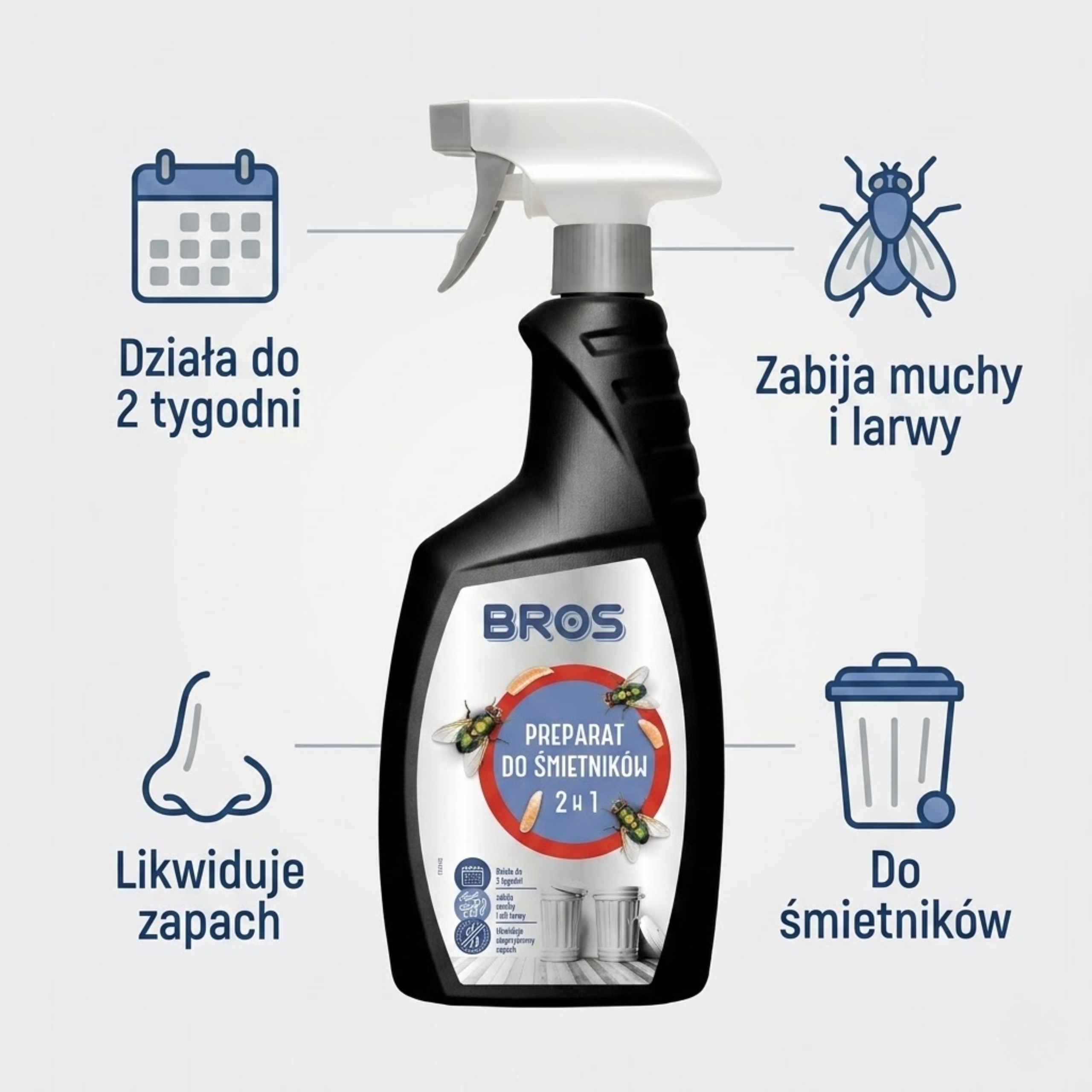 BrosPreparatDoSmietnikow2w1500mlSprayNaMuchyUsuwaLarwySkutecznyCertyfikatyzgodnosciCE belsilt BROS purškalas šiukšlių dėžėms nuo musių ir lervų 500 ml