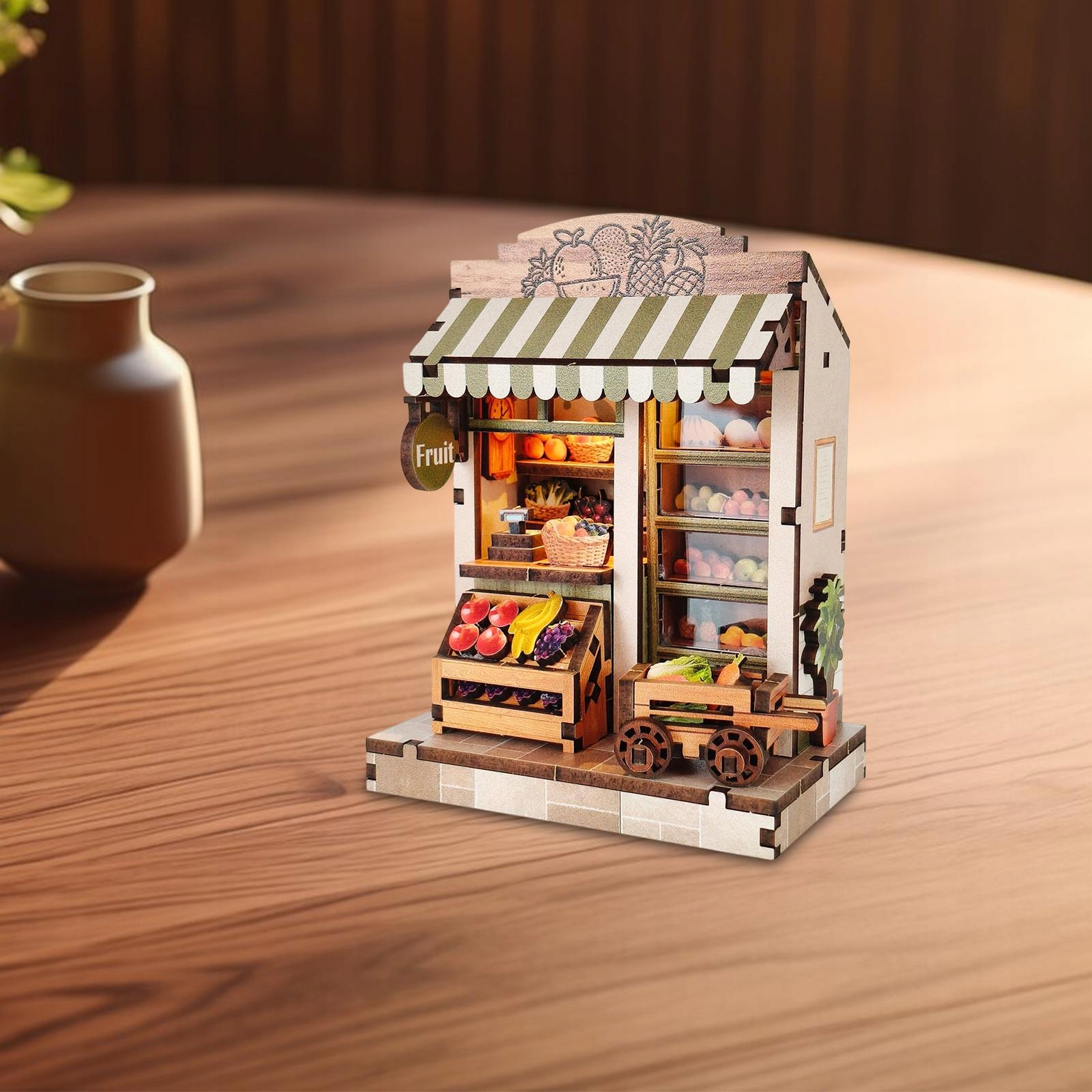 DIYminiaturowyzestawdodomkudlalalekzeswiatlemModelpuzzli3DdlachlopcowSklepzowocamiBohaterBajkaInny belsilt Miniatiūrinis lėlių namelis DIY rinkinys su LED apšvietimu 8x5x8