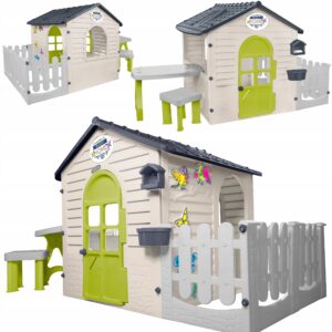 DOMEKOGRODOWYDLADZIECIZPLOTKIEMSTOLIKIEMDUZYXXLMochtoyspolskiBEZ belsilt Vaikų lauko žaidimų namelis didelis XXL su tvorele su staliuku Mochtoys smėlio 220x122x1205cm