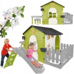 Vaikų lauko žaidimų aikštelė su nameliu su čiuožykla su staliuku Mochtoys 220x122x120.5cm su priedais