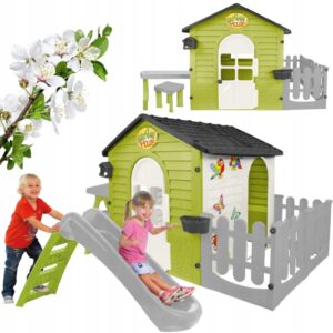Vaikų lauko žaidimų aikštelė su nameliu su čiuožykla su staliuku Mochtoys 220x122x120.5cm su priedais