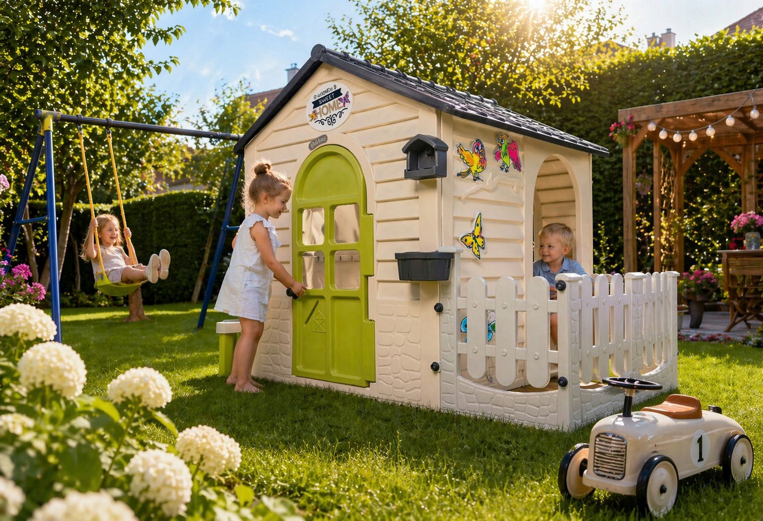 Vaikų lauko žaidimų aikštelė su nameliu ir čiuožykla Mochtoys