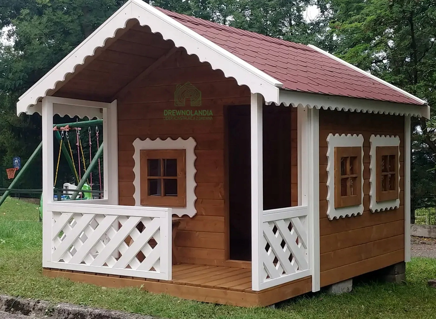 DomekDlaDzieci28x2mDrewnianyOgrodowyPlacZabawDomkidlaDzieci3Wysokosc210cm belsilt Vaikų lauko žaidimų aikštelė su nameliu su čiuožykla su smėlio dėže 28x2m papildoma komplektacija