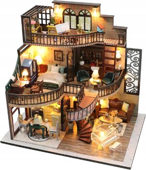 Miniatiūrinis lėlių namelis Medinis dviejų aukštų retro DIY rinkinys