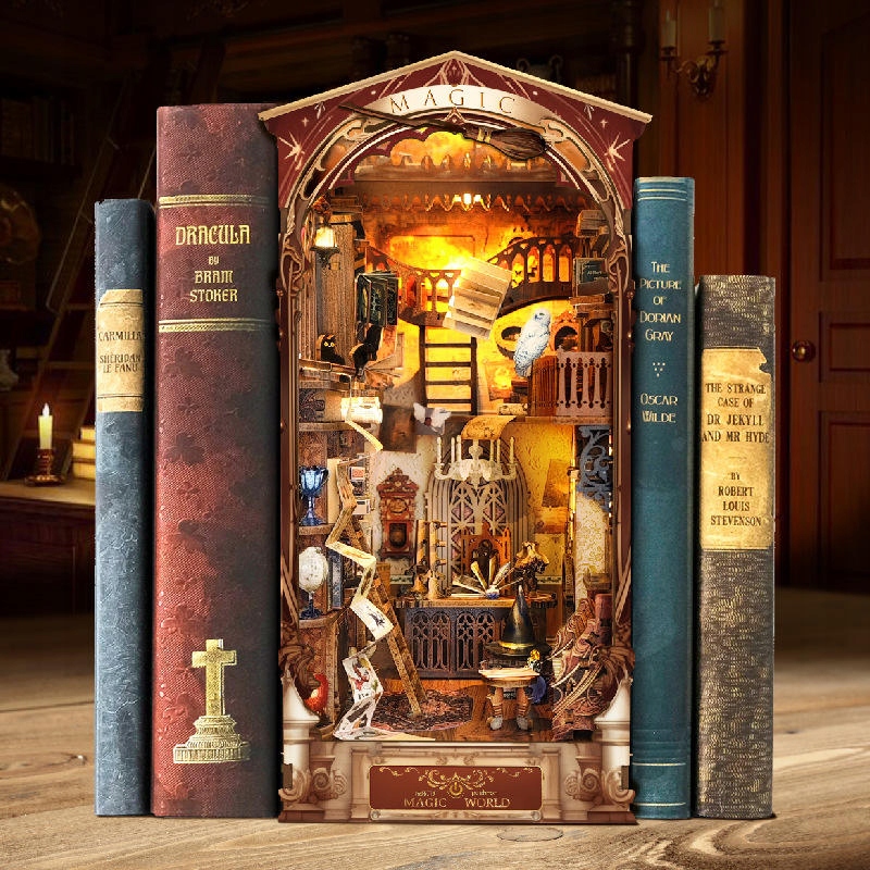 HITZESTAWBUDOWYDOMKUMAGIIMINI3DDREWNIANYKATNAKSIAZKIPREZENTKolekcjawertyuioppolkj belsilt Book Nook magijos miniatiūrų namelio DIY rinkinys 254 cm
