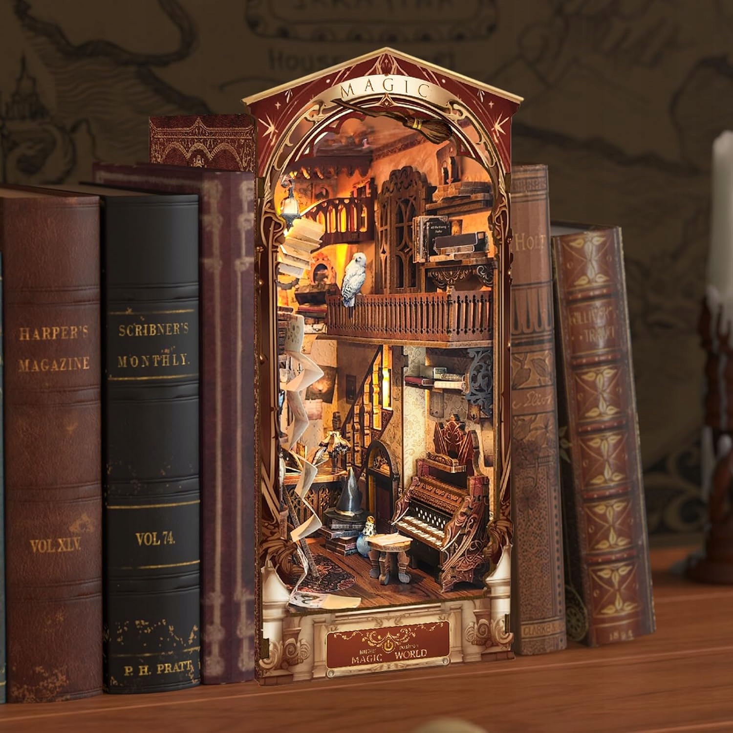 HITZESTAWBUDOWYDOMKUMAGIIMINI3DDREWNIANYKATNAKSIAZKIPREZENTMarkaBedee belsilt Book Nook magijos miniatiūrų namelio DIY rinkinys 254 cm
