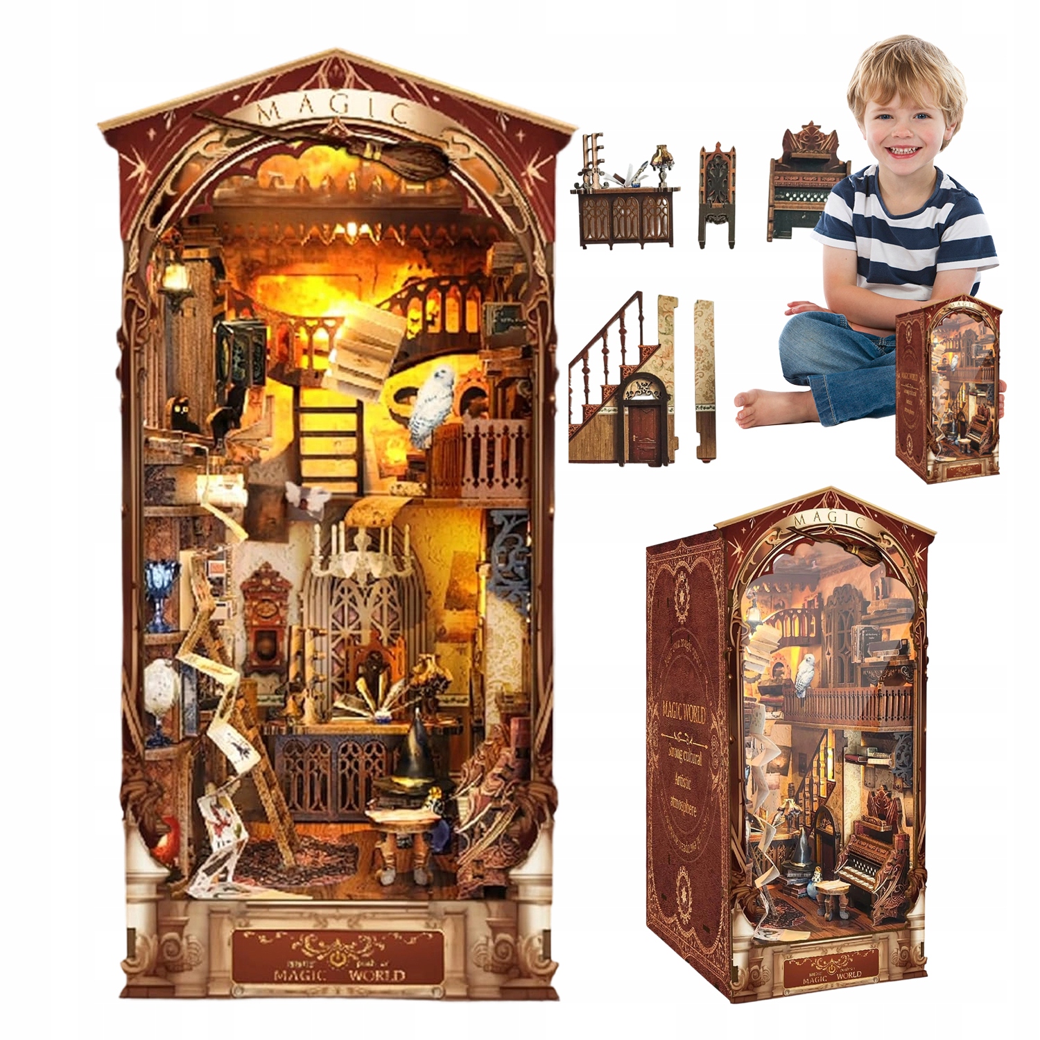 HITZESTAWBUDOWYDOMKUMAGIIMINI3DDREWNIANYKATNAKSIAZKIPREZENT belsilt Book Nook magijos miniatiūrų namelio DIY rinkinys 254 cm