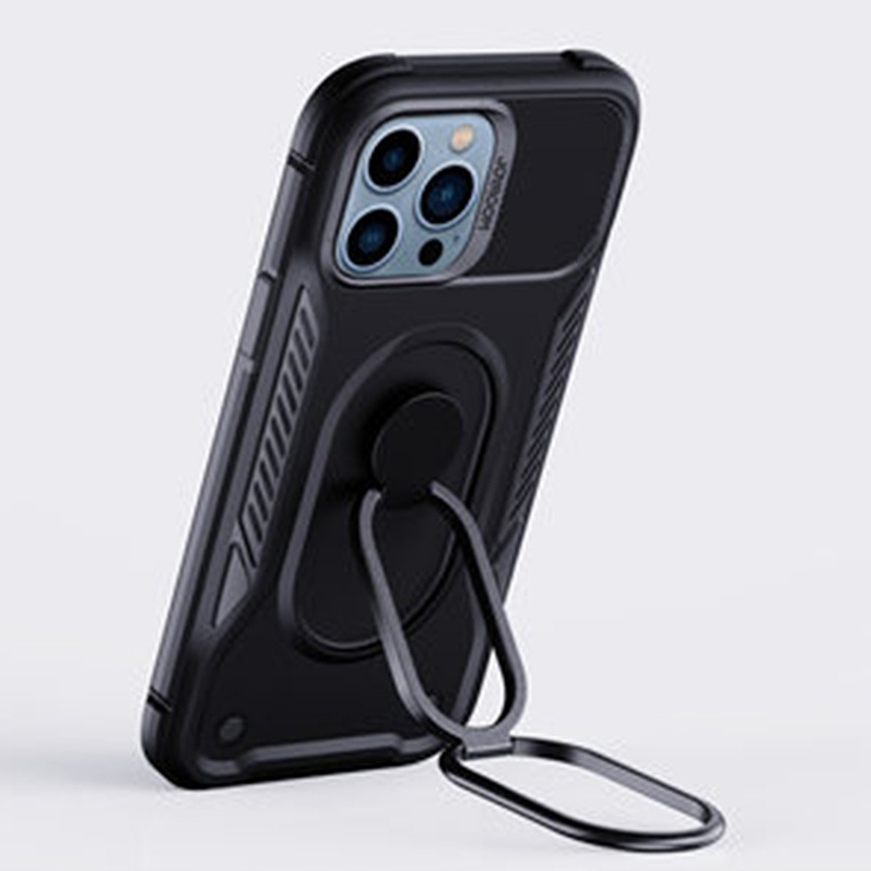 JoyroomDualHingeetuiiPhone14PropokrowiecpodstawkaringholderblackFunkcjepochlanianiewstrzasow belsilt Joyroom Dual Hinge dėklas iPhone 14 Pro apsauginis dėklas stovelis ring holder black