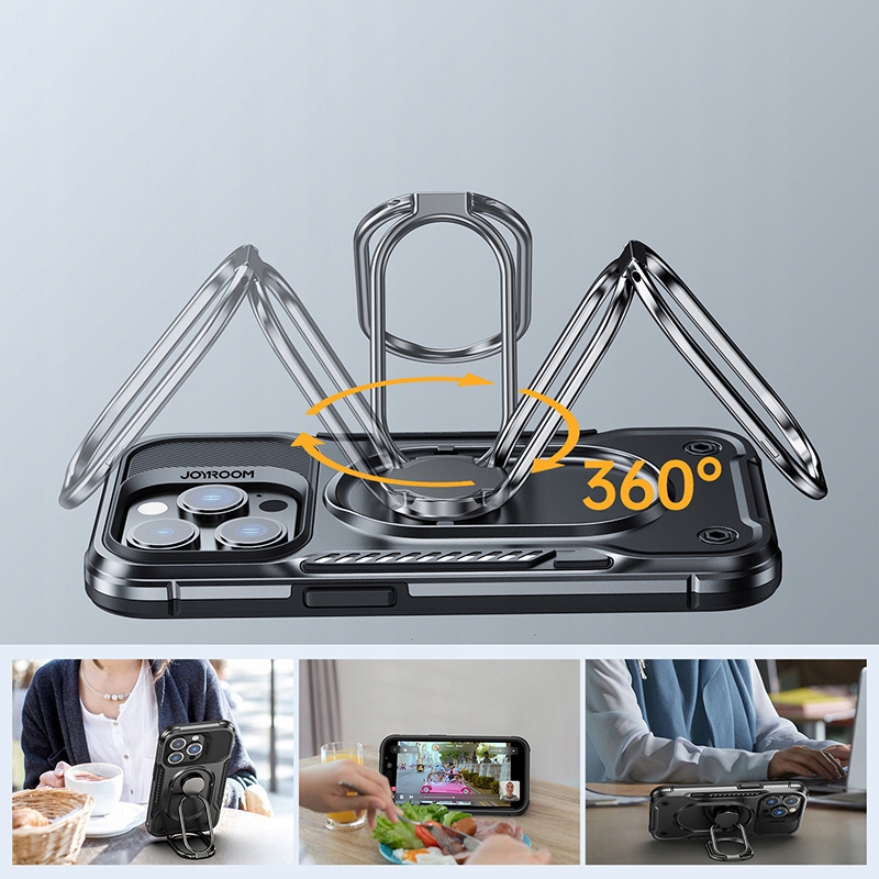 JoyroomDualHingeetuiiPhone14PropokrowiecpodstawkaringholderblackTypplecki belsilt Joyroom Dual Hinge dėklas iPhone 14 Pro apsauginis dėklas stovelis ring holder black