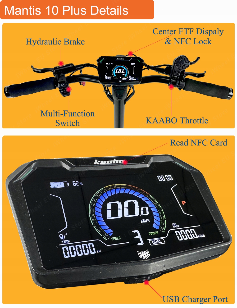 KaaboMantis10Plus60V182AhWyswietlaczcentralnyNFCKolorczarny belsilt Kaabo Mantis 10 Plus 60 V 182 Ah centrinis ekranas NFC