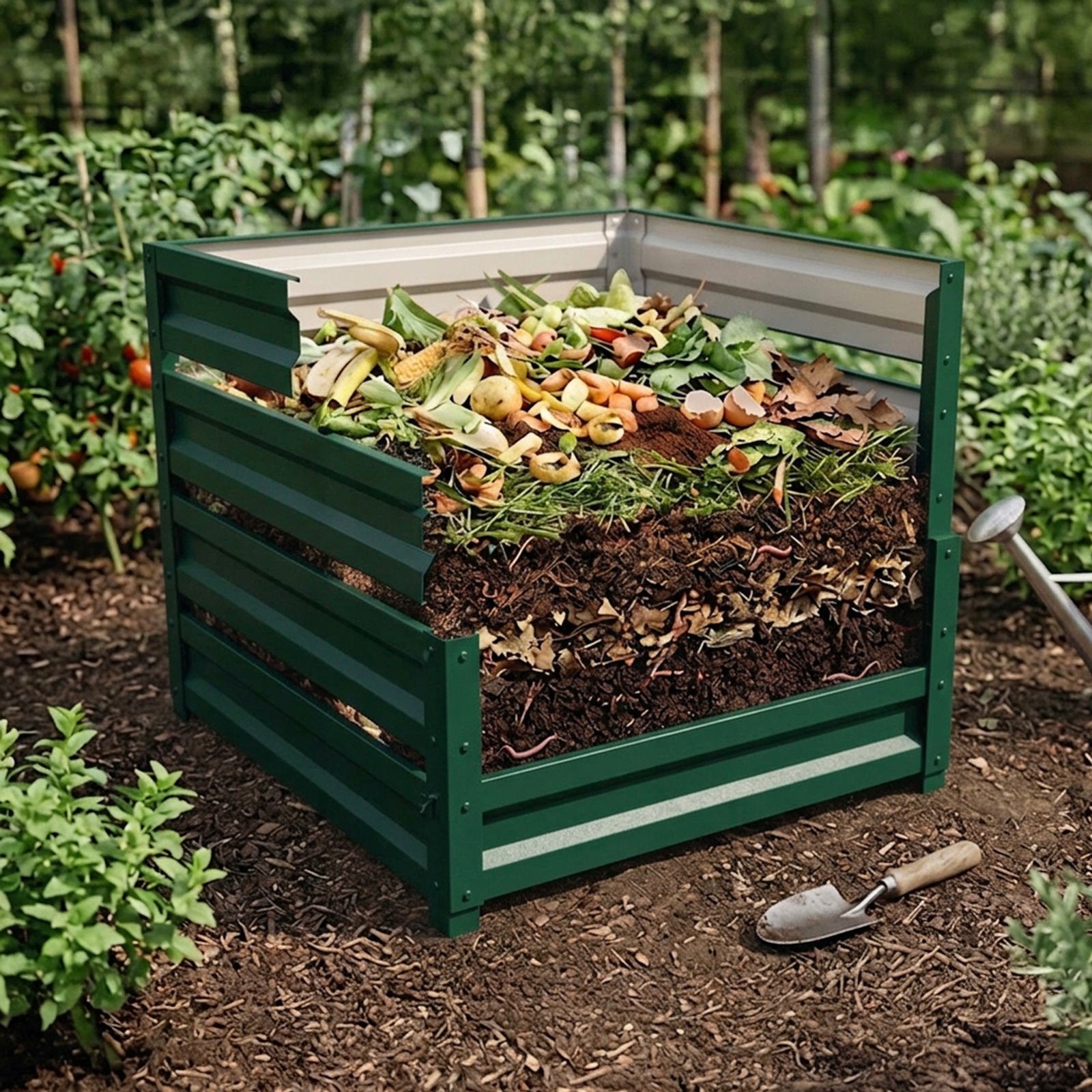 Kompostownikogrodowystalocynkowana100x100x100cmzielonyPojemnosc1000l belsilt Žalias cinkuoto plieno sodo komposteris 100 x 100 x 100 cm