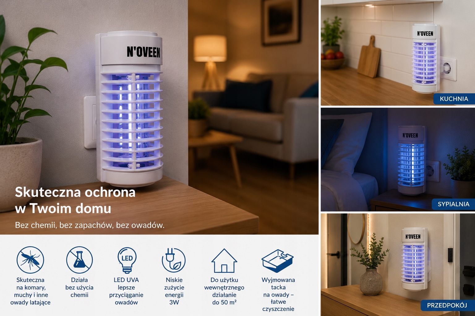 LAMPAOWADOBOJCZANOVEENIKN903LEDNAKOMARYMUCHY50m23WUVAWagaproduktuzopakowaniemjednostkowym038kg belsilt Noveen IKN903 LED UV gaudyklė nuo musių ir uodų 50 m² 3 W