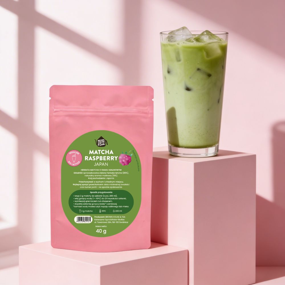 MATCHARASPBERRYJAPANcodziennaosmakumalinowym40gOpakowanie40gMarkaBrownHouseTea belsilt Japoniška matcha arbata kasdienė 40 g žalioji arbata matcha