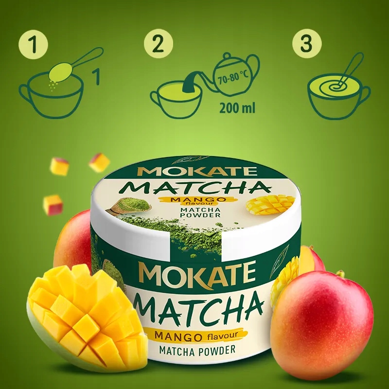 MOKATEMATCHAMANGO40gTradycyjnaZielonaHerbatawProszkuPremiumMarkabezmarki belsilt Mokate Matcha latte gėrimas mangų 40 g