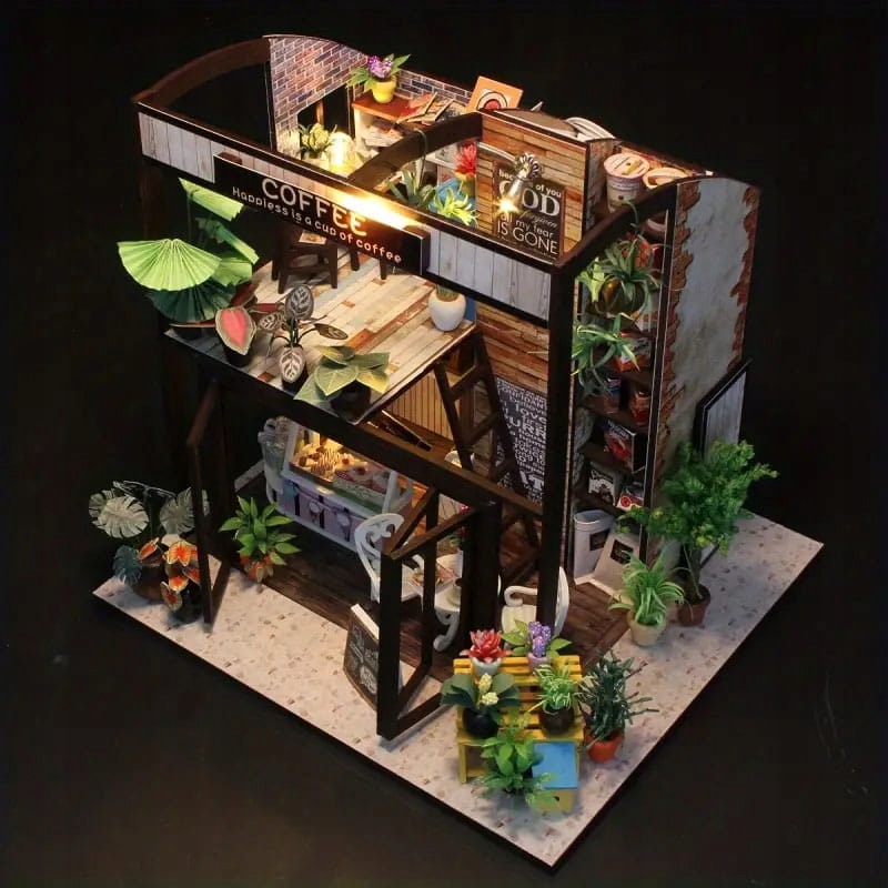 MiniaturowyDomekKawaoPorankuKawiarniaCzytelniaLifestyleCertyfikatyopinieatestyCEEN71 belsilt Miniatiūrinis namelis rytmečio kava DIY rinkinys su LED apšvietimu