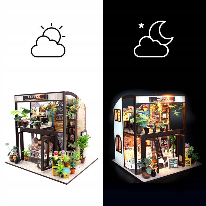 MiniaturowyDomekKawaoPorankuKawiarniaCzytelniaLifestyleElementyzestawuinstrukcjapopolsku belsilt Miniatiūrinis namelis rytmečio kava DIY rinkinys su LED apšvietimu