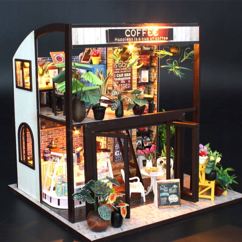 MiniaturowyDomekKawaoPorankuKawiarniaCzytelniaLifestyleWysokoscproduktu197cm belsilt Miniatiūrinis namelis rytmečio kava DIY rinkinys su LED apšvietimu