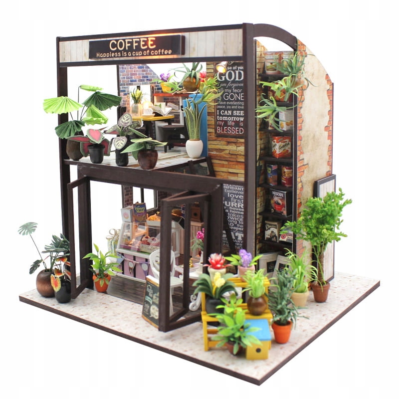 MiniaturowyDomekKawaoPorankuKawiarniaCzytelniaLifestyle belsilt Miniatiūrinis namelis rytmečio kava DIY rinkinys su LED apšvietimu