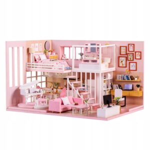 MiniaturowyDomekMarzenieKsiezniczkiRozowyPokojDwupoziomoweMieszkanie belsilt Miniatiūrinis namelis rožinis DIY rinkinys su LED apšvietimu