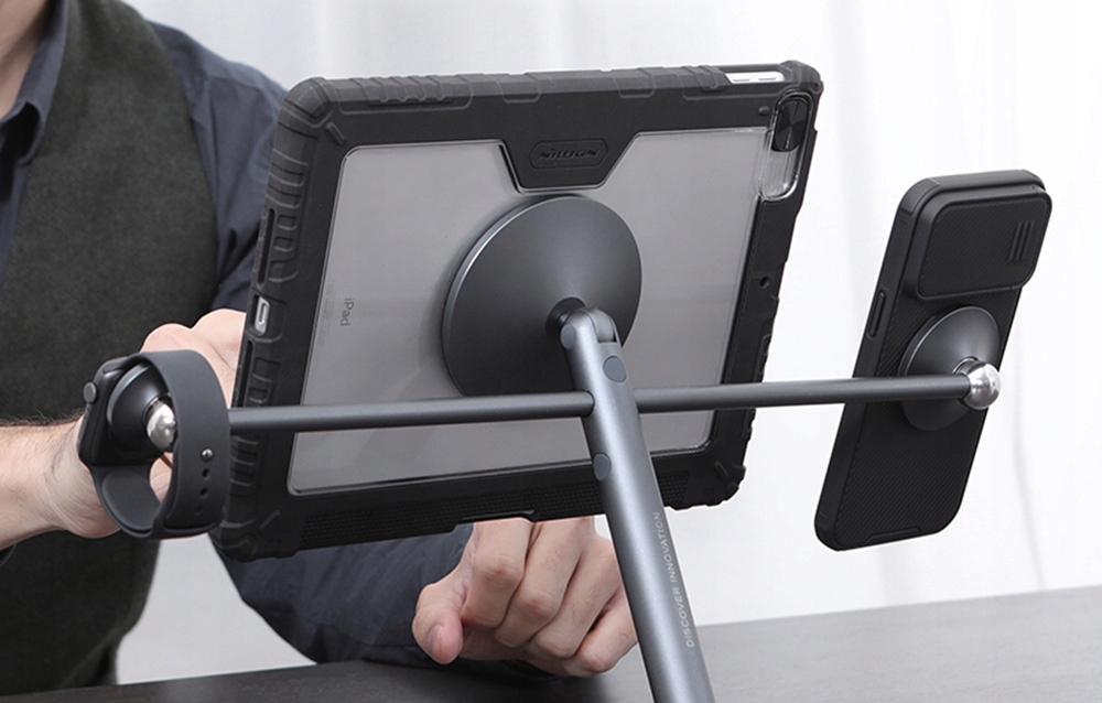 NillkinStabilnyMagnetycznyObrotowyUchwytNaTabletSmartwatchTelefonKolorszary1 belsilt Nillkin stabilus magnetinis besisukantis laikiklis planšetei išmaniajam laikrodžiui ir telefonui 6902048261877