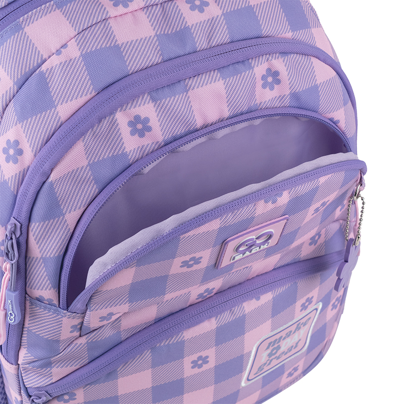 PLECAKSZKOLNYDLADZWIEWCZYNEKWKRATKEFIOLETOWYGoPackSzerokoscproduktu12cm belsilt Mokyklinė kuprinė paaugliui GoPack rožinė ir violetinė 17 l A4 formatui