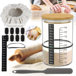 Stiklinis duonos raugo indas 900 ml su termometru fermentacijai