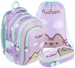 Mokyklinės kuprinės rinkinys St Majewski katės violetinė ir žalia 22 l A4 formatui modelis VIOLET 2681