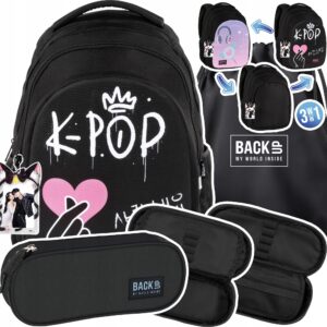 Mokyklinė kuprinė paaugliui BackUP K pop stiliaus juoda 26 l A4 formatui