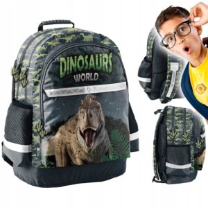 Mokyklinė kuprinė berniukui Paso dinozaurų žalia keli skyriai A4 formatui