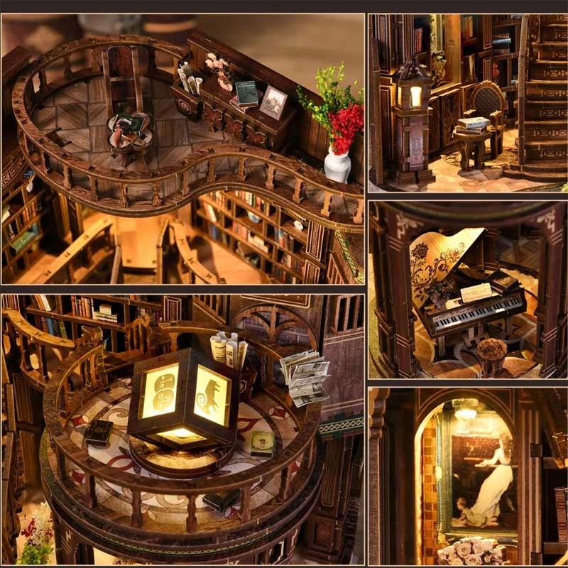 Puzzle3DDozlozeniaBookNookWhiteHallBobliotekaKsiazkaMaterialdrewno belsilt Book nook 3D dėlionė Baltoji salė su LED apšvietimu modelis 327