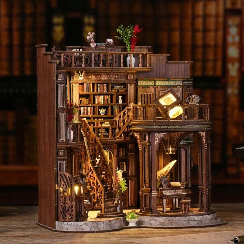 Puzzle3DDozlozeniaBookNookWhiteHallBobliotekaKsiazkaWiekdziecka12lat belsilt Book nook 3D dėlionė Baltoji salė su LED apšvietimu modelis 327
