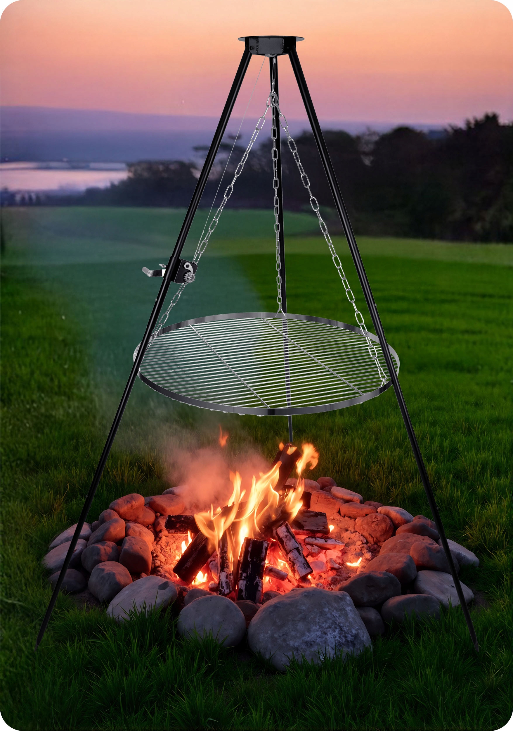 RUSZTSTALOWYGRILLNAOGNISKO80cmTROJNOGDUZESOLIDNEPALENISKOOGRODOWEEANGTIN5903890628338 belsilt Laužo trikojis grilis 80 cm plieninė su grotelėmis