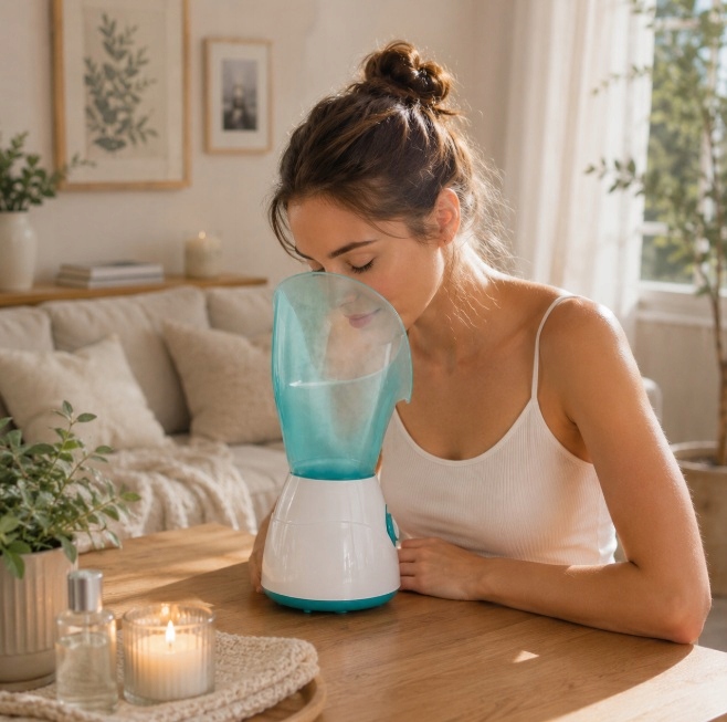 SAUNADOTWARZYPAROWAKOSMETYCZNADYFUZORZAPACHOWYINHALATOROCZYSZCZENIEWyrobmedycznynie belsilt Profesionalus veido garintuvas su aromaterapija su inhaliatoriumi 50 ml 100 W mėlynas