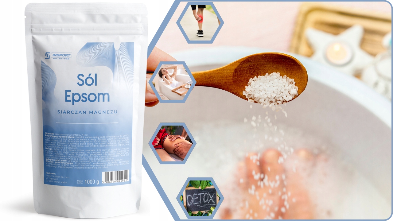 SOLEPSOMSiarczanMagnezu1kgCZYSTYSolgorzkaDOKAPIELIINSPORTKodproducentaSIARCZANMAGNEZUSOLDOKAPIELIEPSOMGORZKA belsilt Epsom druska INSPORT 1 kg magnio sulfatas voniai ir SPA