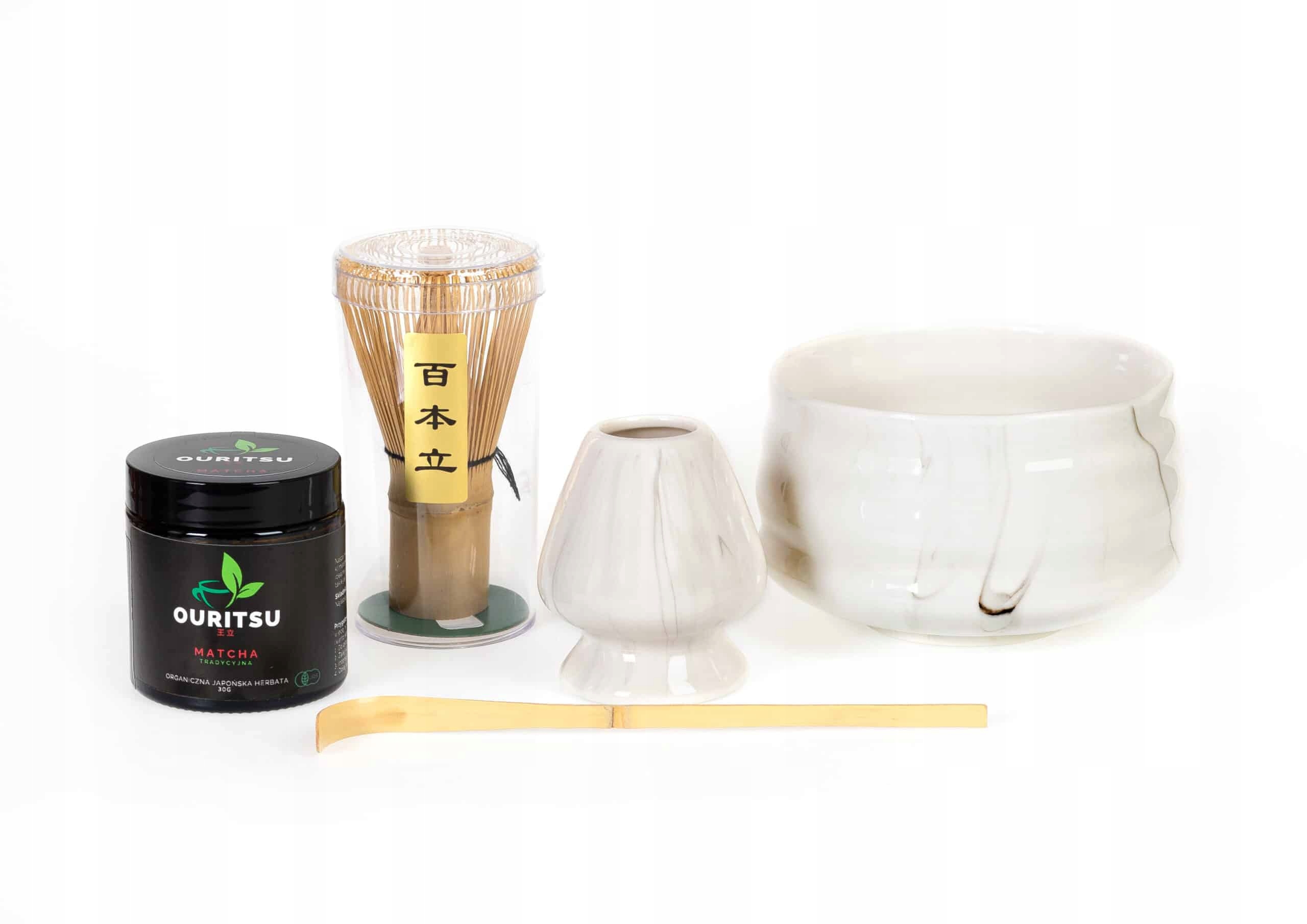 ShiroiZestawMatcha30gChasenChashakuMatchawan belsilt Shiroi Matcha ruošimo rinkinys su keramika 30 g ir priedais
