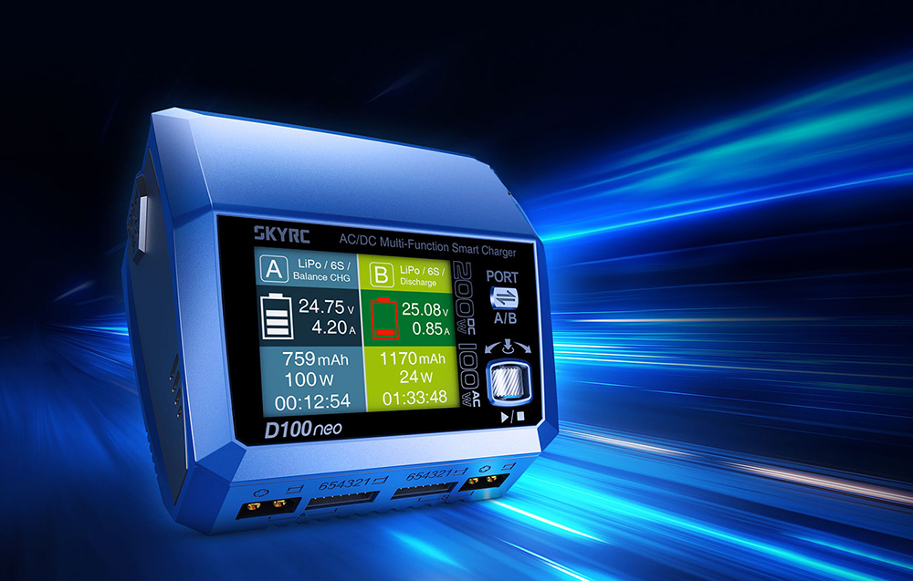 SkyRC D100neo įkroviklis 100W 200W 10A 6S LiPo Li-Ion
