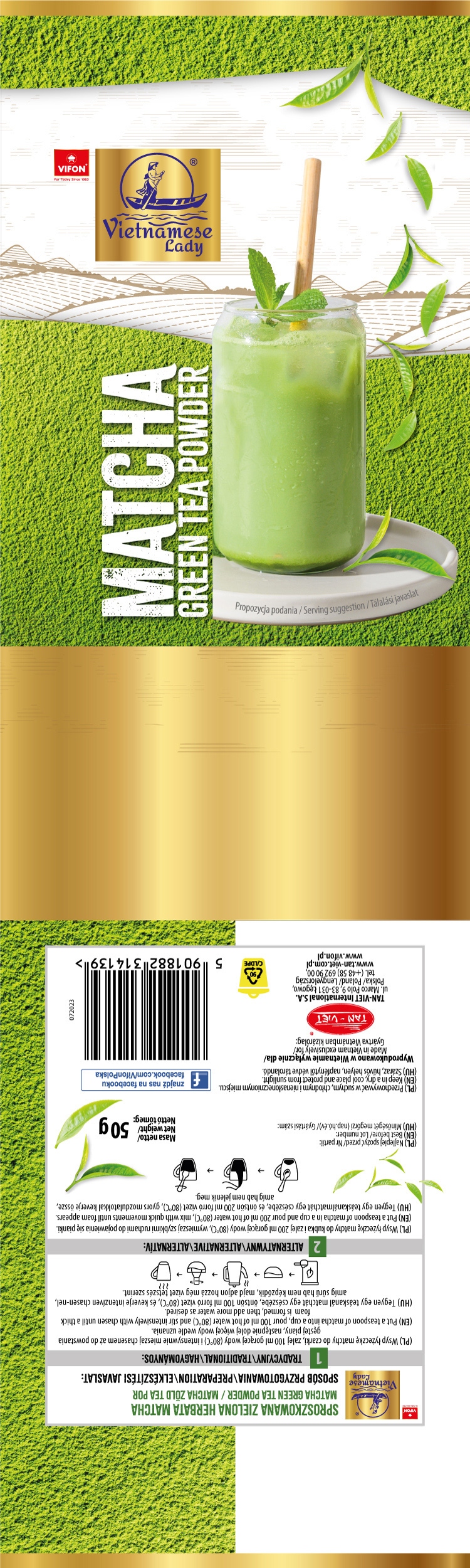 VifonVietnameseLadySproszkowanazielonaherbatamatcha50gStanopakowaniaoryginalne belsilt Japoniška matcha arbata 50 g dovanai žalioji arbata matcha