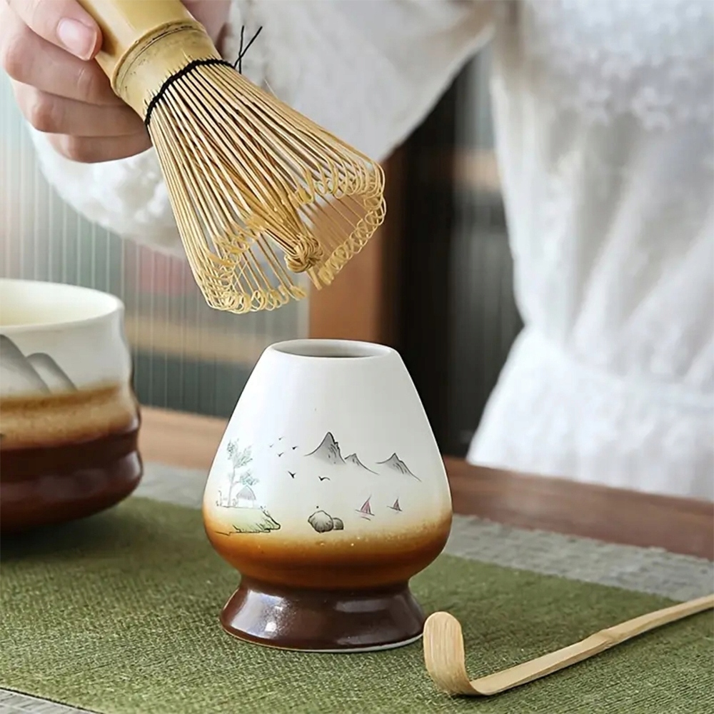 ZESTAWCERAMICZNYDOMATCHYBIALYCZARKAMIOTELKALYZKAPODSTAWKAStanopakowaniaoryginalne belsilt Matcha ruošimo rinkinys su keramika baltas su chasen šluotele chashaku šaukšteliu matchawan dubenėliu ir stovu