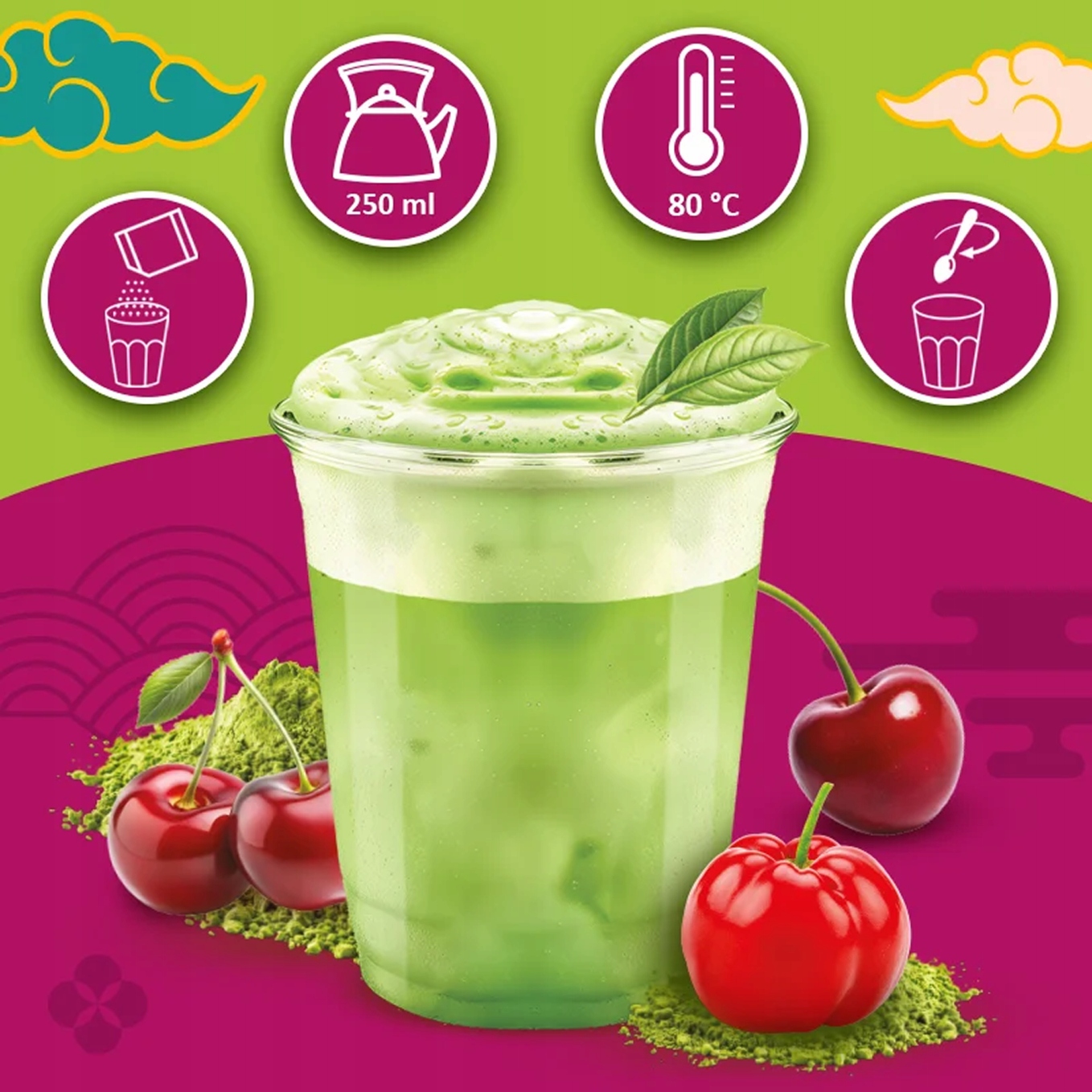 ZestawMatchaZeroHerbatawProszku0CUKRUWISNIAACEROLAMOKATE20gx10Wagaproduktuzopakowaniemjednostkowym002kg belsilt Mokate Matcha ruošimo rinkinys 20 g vyšnių su japoniškais priedais