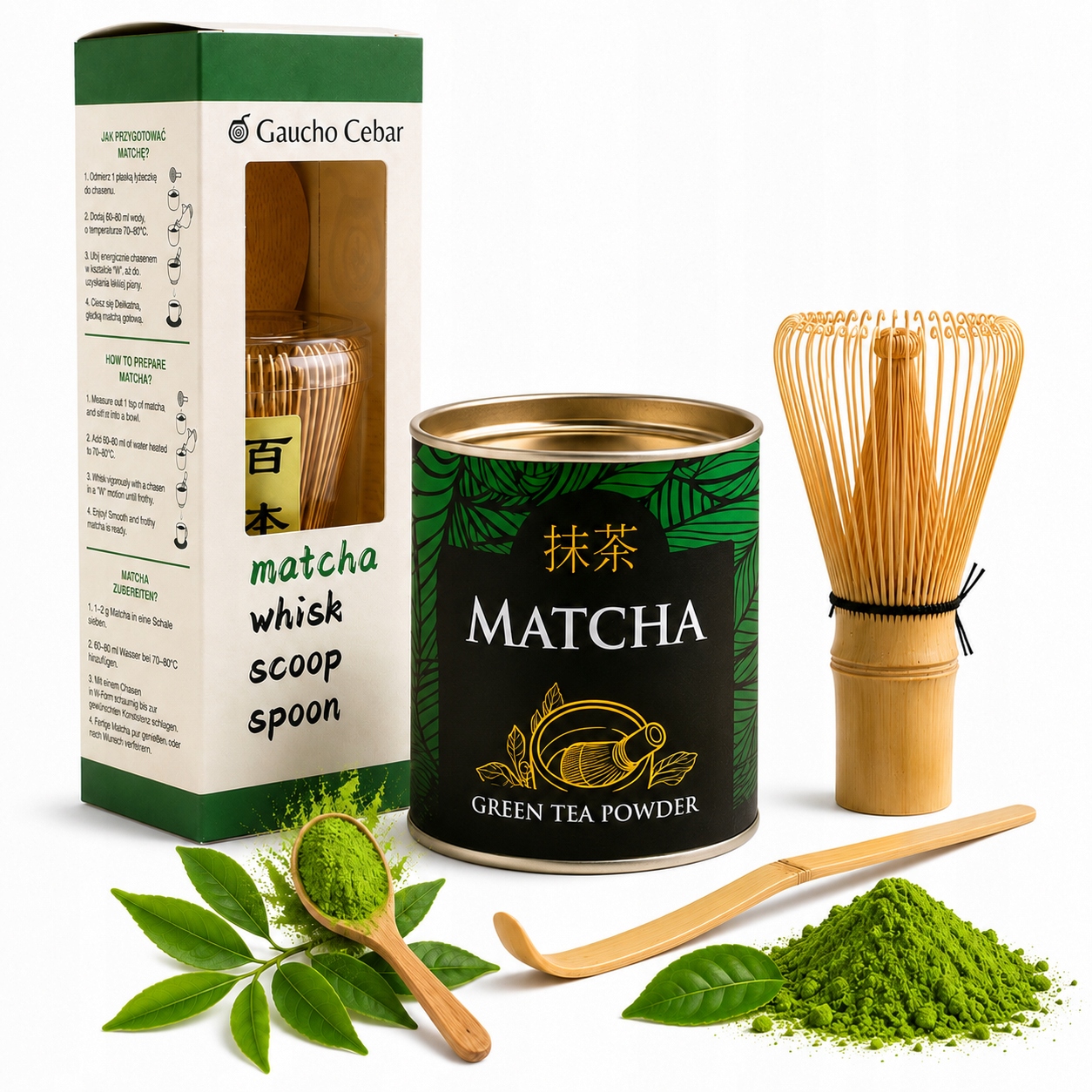ZestawPrezentowyMojoMatchaCeremonial30gChasenChashakuLyzeczka belsilt Dovanų matcha rinkinys 30 g su chasen šluotele ir chashaku šaukšteliu