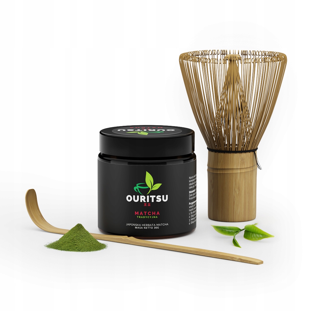 ZestawTradycyjnaMatcha30gChasenChashaku belsilt Matcha ruošimo rinkinys 30 g su chasen šluotele ir chashaku šaukšteliu