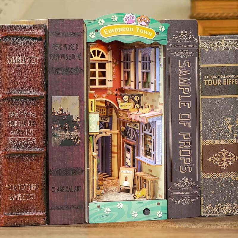 ZestawdozlozeniaDomekDIYBookNookKociemiasteczkoPrezentMinimalnywiekdziecka8 belsilt Book Nook Kocie miasteczko DIY rinkinys su LED apšvietimu