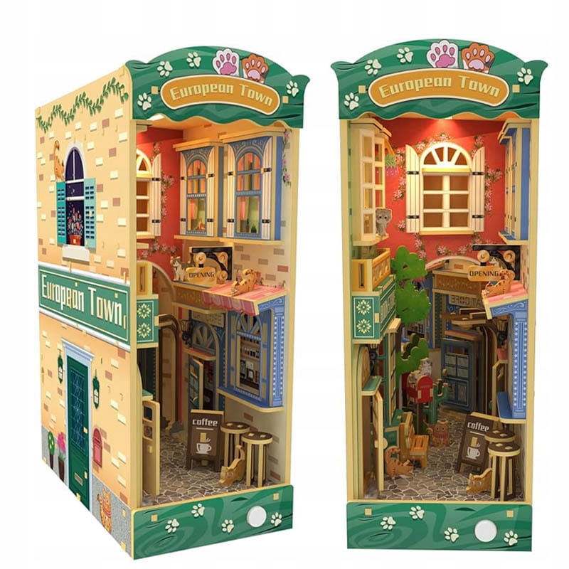 ZestawdozlozeniaDomekDIYBookNookKociemiasteczkoPrezent belsilt Book Nook Kocie miasteczko DIY rinkinys su LED apšvietimu