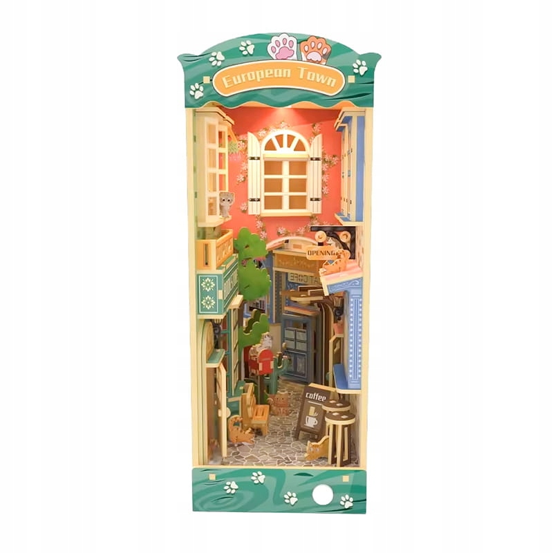 eccf87324346a59cbb31edfde634 belsilt Book Nook Kocie miasteczko DIY rinkinys su LED apšvietimu