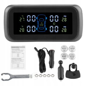 Belaidė TPMS sistema automobiliui su 4 jutikliais ir LCD monitoriumi